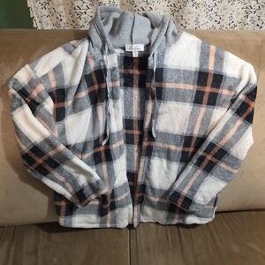 Anneliese Plaid Hooded Cardigan Jacket 1X Gray Cream Peach Plaid Hooded Jacket